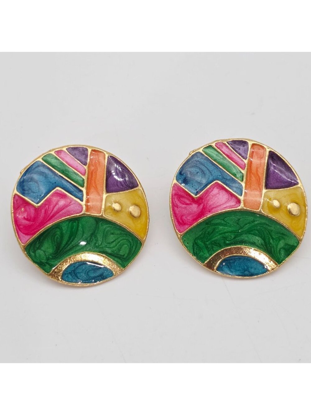 Round Gold-Tone Abstract Clip-On Earrings With Multicolor Enamel Design 1.25"